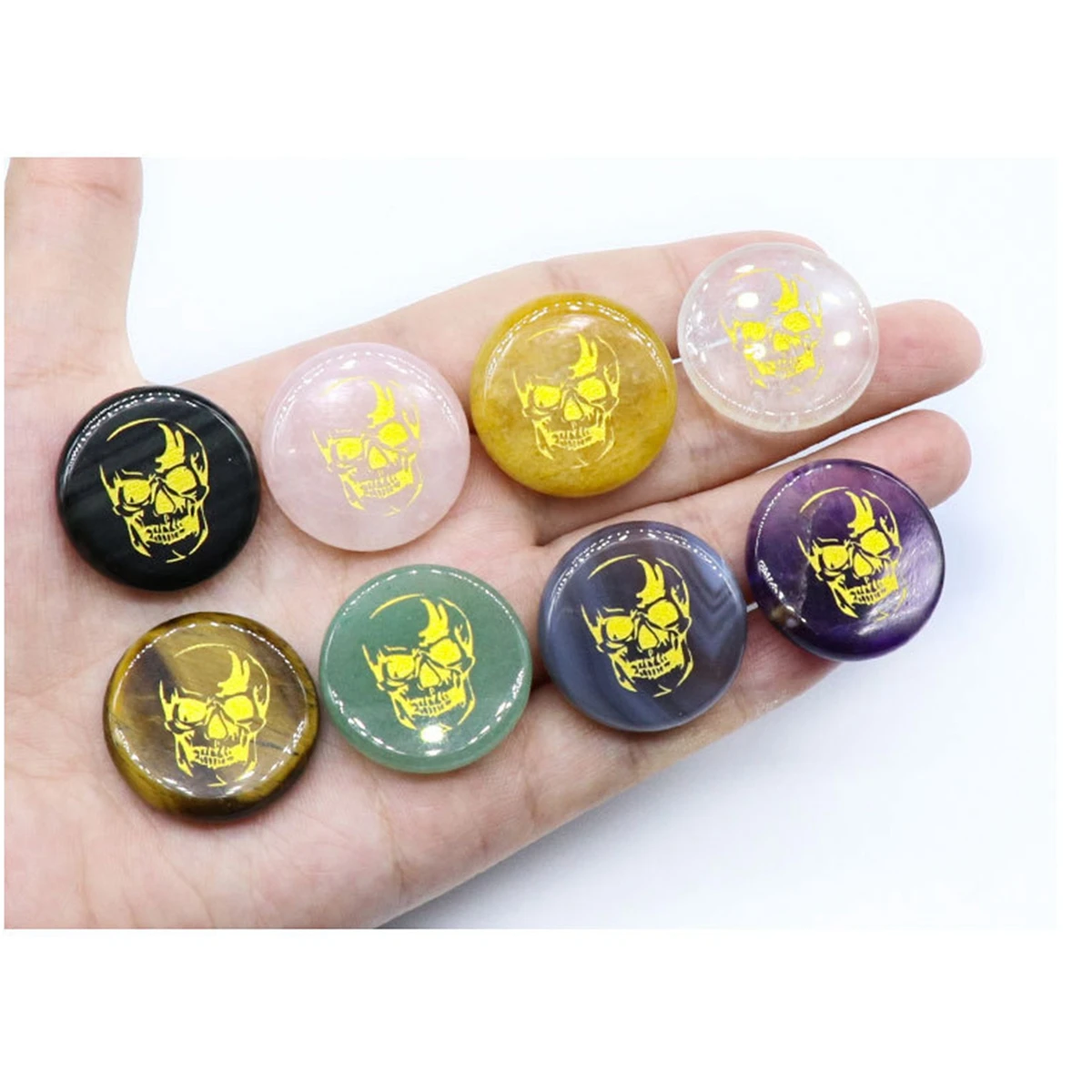 

6PCS Chakra Gemstone Round Disc with Gold Skull Handmade Craved Palm Worry Stone Therapy Geometry Healing Coin Reiki Energy