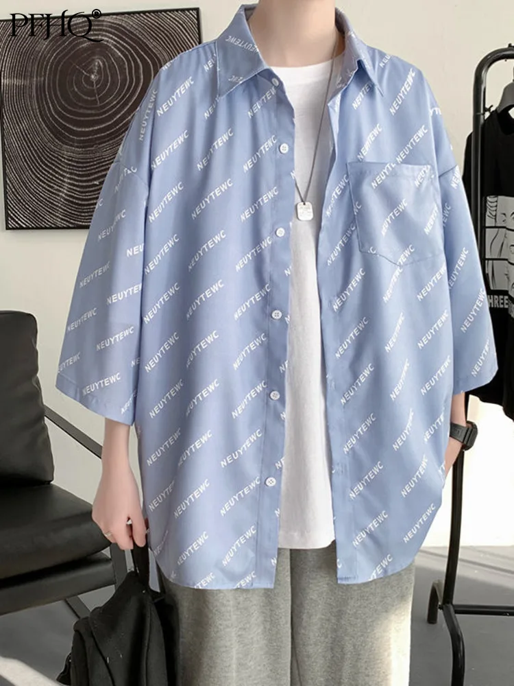 

PFHQ Shits New 2022 Print Single Breaasted Trend 5 Minutes Sleeve Casual Loose T-shirts Fashion Summber Minority Tops 21B3210