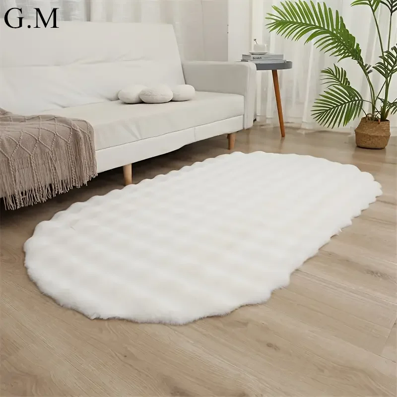 Luxurious Faux Rabbit Fur Oval Area Rug Plush Thick Warm Bubble Velvet Carpet for Living Room Fluffy Soft Bedside Floor Mat