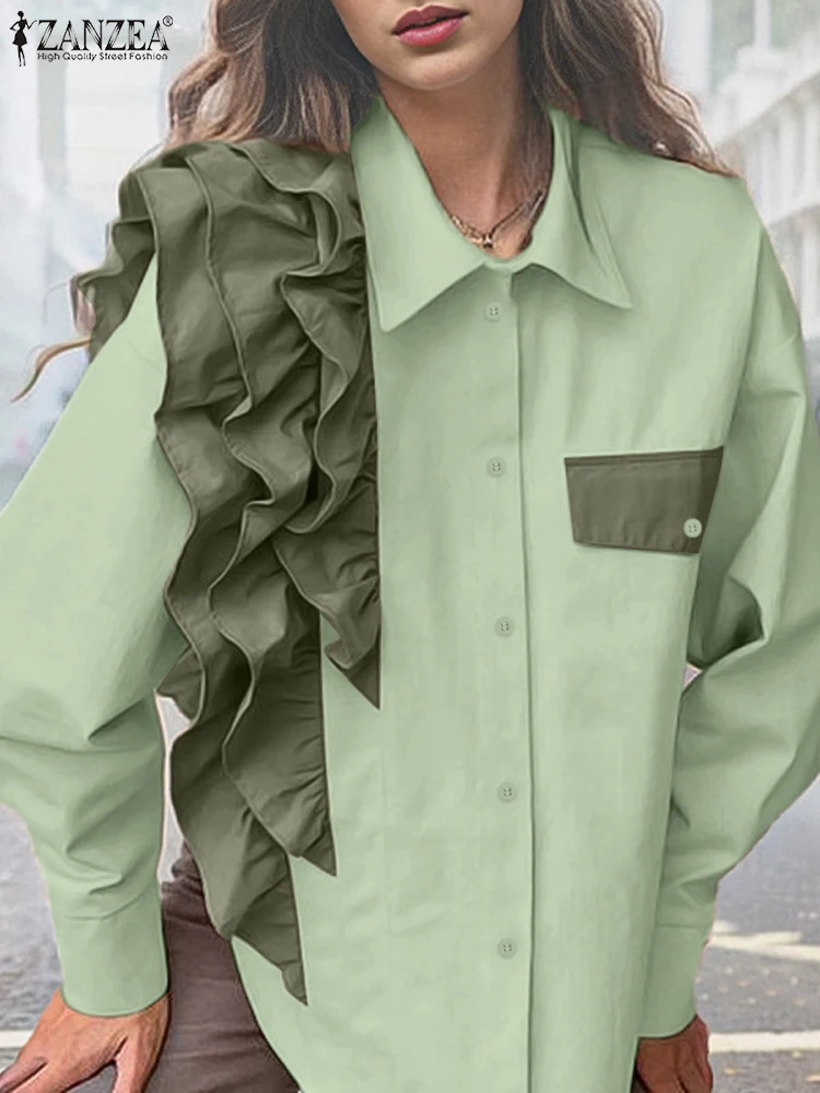 ZANZEA винтажные простые топы с оборками и строчкой повседневные длинными рукавами