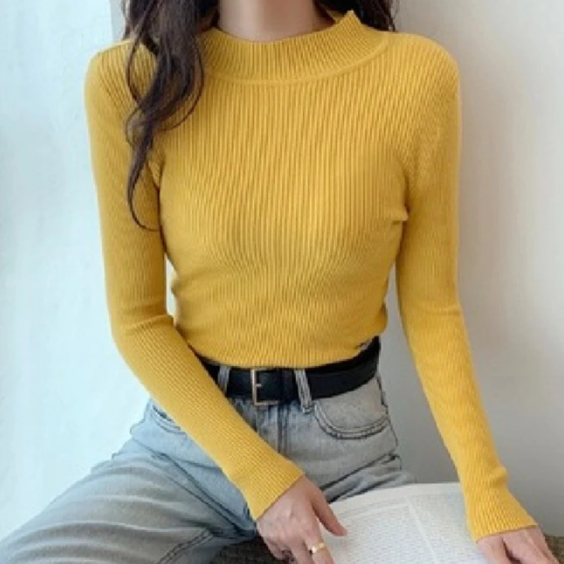 

Half High Neck Long Sleeved Knit Sweater Women Korean Fashion Thin Slim Pullover 2023 Autumn Winter Versatile Knitted Tops