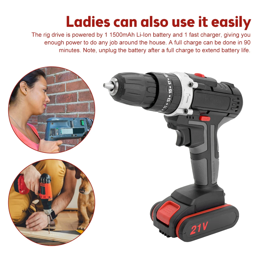 

Mini 21V Electric Cordless Screwdriver Impact Drill Cordless Lithium Battery Charging Hand Drill 0-1400RPM Low Speed High Speed