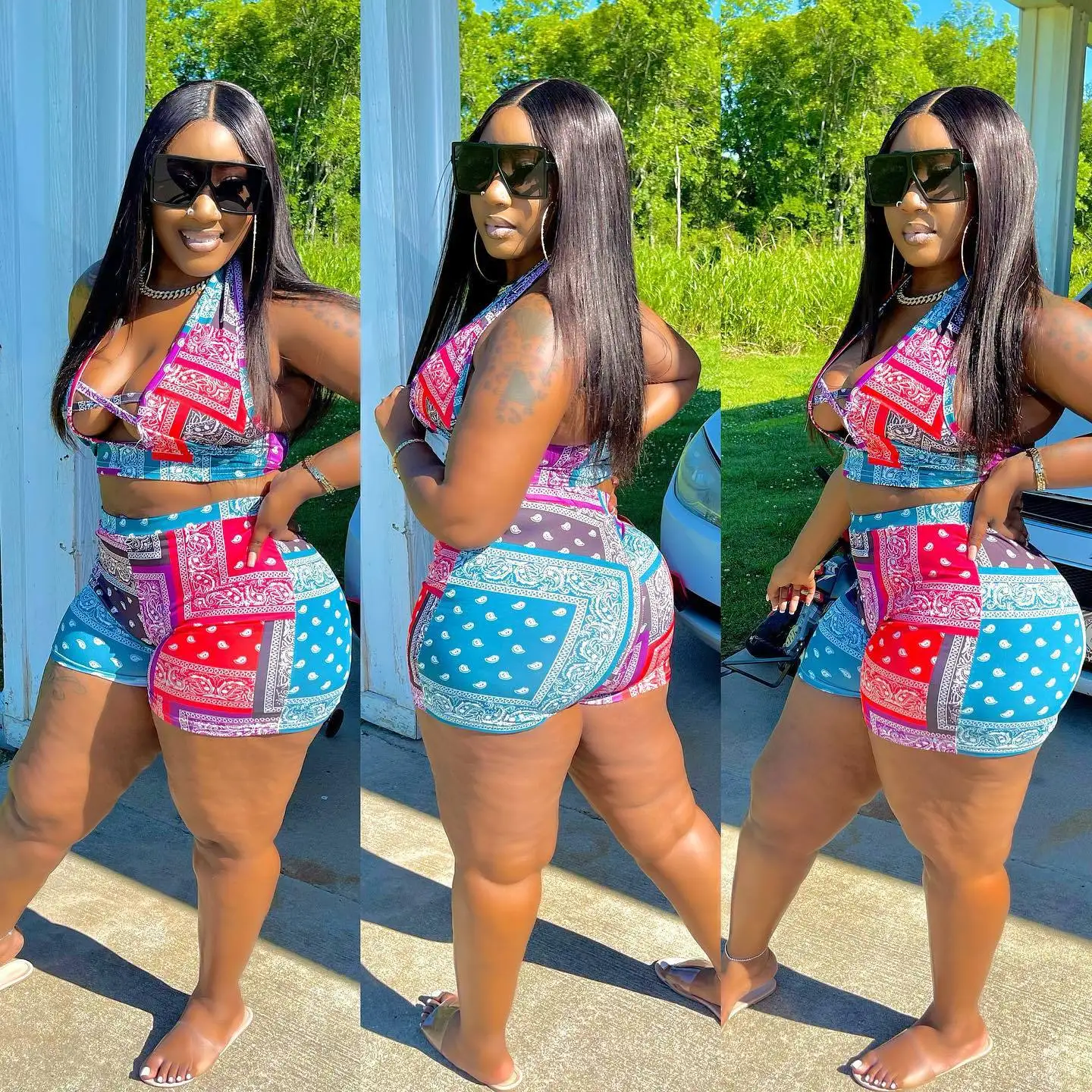 Plus Size Two Piece Set Bandana Shirt and Pant Sexy Women Bodycon Outfit 2022 Summer Print Tracksuit Female Casual Fashion Top