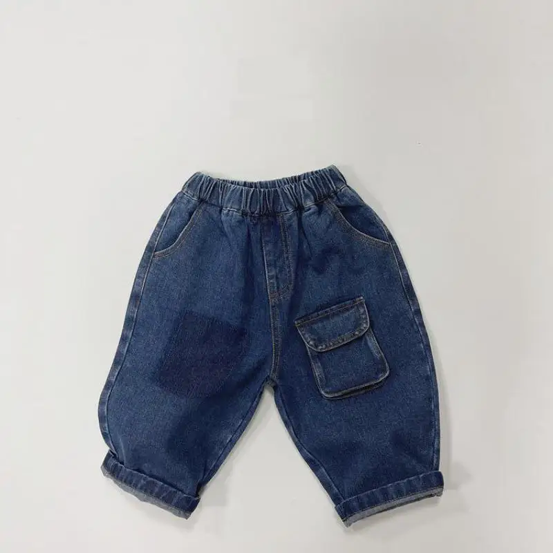 

2023 Autumn New Children Cargo Pants Girls Vintage Jeans Kids Boys Denim Trousers Cute Pocket Baby Casual Pants Infant Clothes