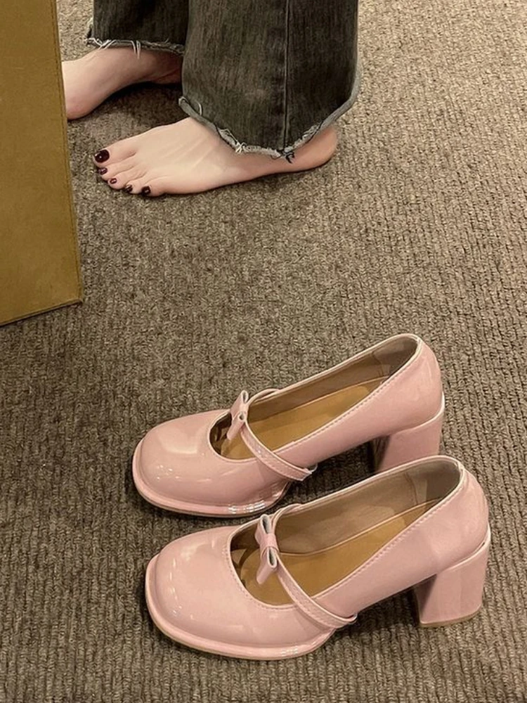 

Pink Kawaii Mary Janes Shoes Women Elelgant Shallow Heel Shoes Pure Color Causal Fashion Pumps Non Slip Summer 2023 Bow Chic