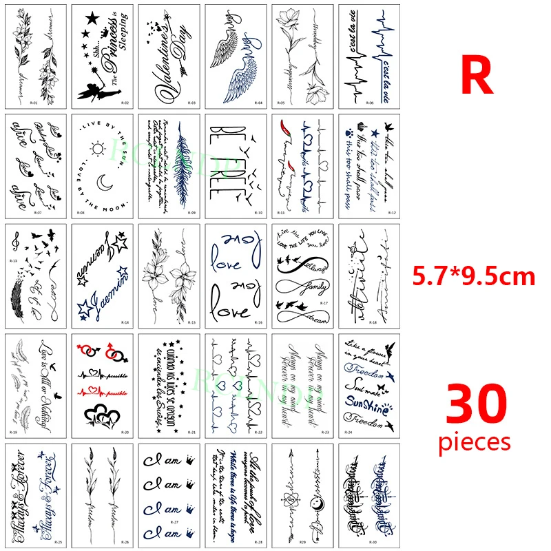 30 шт./лот водостойкая временная татуировка наклейка поддельная перо Линия Любовь
