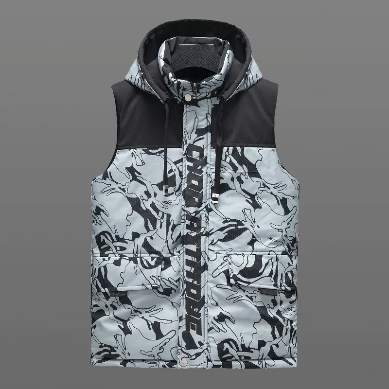 Camouflage Patchwork Hooded Puffer Jacket for Mens Winter Fashion Trends Sleeveless Streetwear Teenage Loose Fit Warm Thick Vest