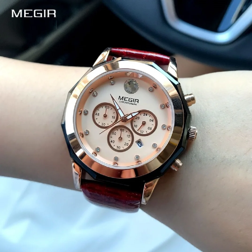 MEGIR Original Luxury Brand Ladies Chronograph Fashion Leather Quartz  WristWatch Women Lovers Dress Watches Elegant Date Clock