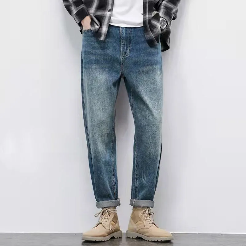 Vintage Jeans Men's Water Washed Loose Casual Straight Cropped Pants Autumn and Winter Slim Fashion Denim Trousers Male