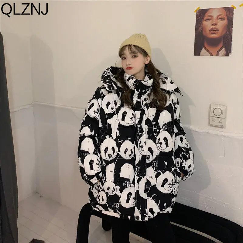 Winter Cotton Padded Clothes Women Hooded Short Parkas Ladies Cartoon Panda Print Bubble Coat Harajuku Long Sleeve Puffer Jacket