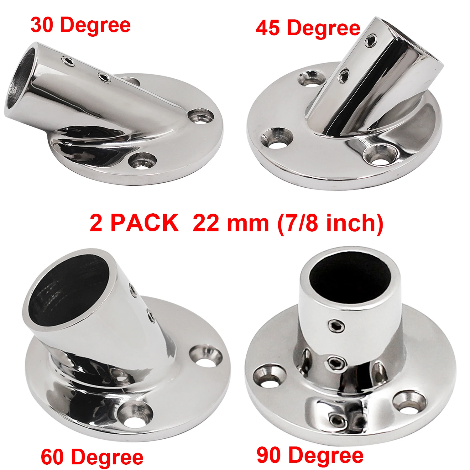 2 PCS 22mm (7/8 inch) Stainless Steel 316 Boat Handrail Fitting Tube Pipe Base Stanchion 30/45/60/90 Degree Marine Bracket Rail