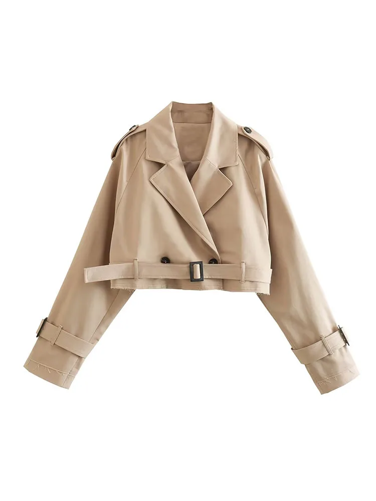 PB&ZA Women 2023 New Fashion With Belt Double Breasted Cropped Trench Coat Vintage Long Sleeve Female Outerwear Chic Overcoat