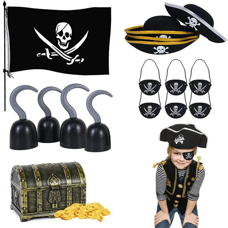 

Halloween Pirate Skull Print Hat Flag Eye Patch Beard Chest Hook Pirate Captain Cosplay Costume Accessories Party Decor Kids Toy