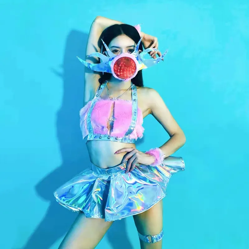 

Танцевальный Костюм для ночного клуба, DJ Gogo, светодиодная маска, плюшевые топы, серебристые юбка лазерная, одежда для бара, вечеринки, шоу, групп, фестивалей