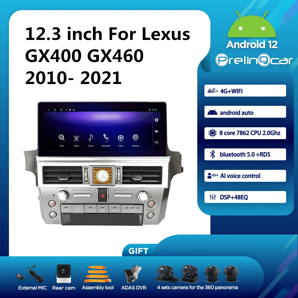 

Prelingcar Android 12.0 System 2 Din Car Multimedia Video Player Navigation 12.3inch For Lexus GX400 GX460 2010- 2021 Ys 8Core