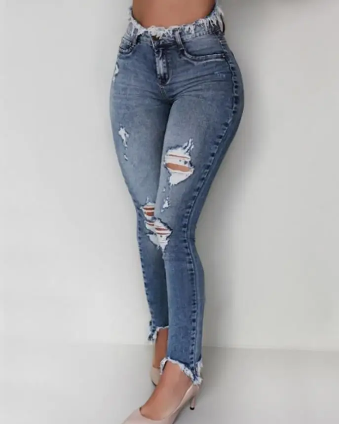 

Distressed Cutout Fringe Hem Jeans Ripped Women Female Pants Spring and Summer Lady Fashion New