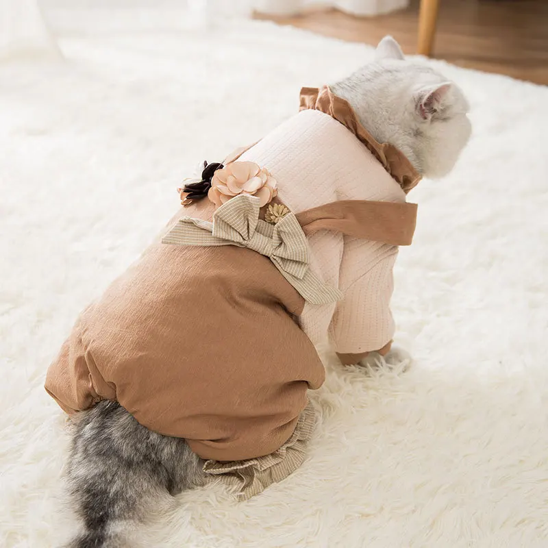 

Rabbit Dog Clothes Net Red Cat With Flower Four-foot Dress Short Hairless Autumn And Winter Pet Thickened Warm Cotton Coat