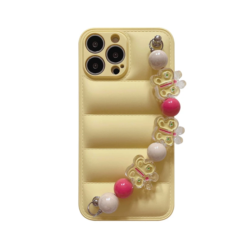 Korea Cute Butterfly beads Bracelet Wrist Chain Case For iphone 13 12 11 Pro Max 2022 Spring Yellow Down Jacket Soft Back Cover |