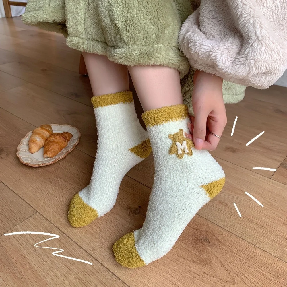 5 Pairs Autumn and Winter Women Coral Fleece Bear Cute Home Floor Sleep Socks Harajuku Sweet and Cute Warm Women Socks