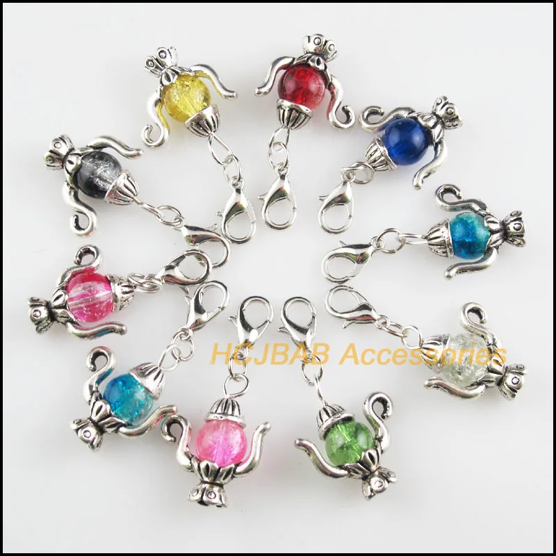 

Fashion New 10Pcs Tibetan Silver Plated Lamp Retro Mixed Shivering Glass 19x21mm With Lobster Claw Clasps Charms