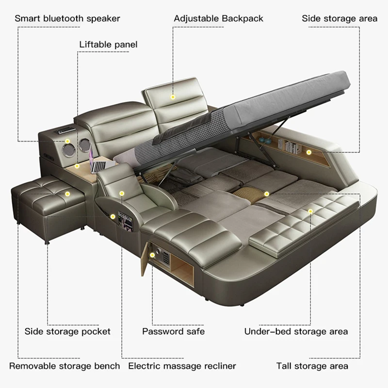 Leather Multifunctional Massage Bed Frame Modern Camas Smart Bed With Storage  Led Light Bluetooth Speaker Bedroom Furniture