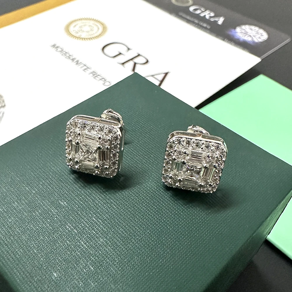 MM Square Diamonds Moissanite Earrings For Women S925 Silver Ear Studs Men Earrings Jewelry Pass Tester Free Shipping
