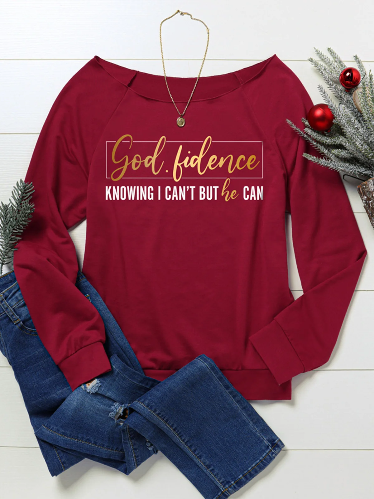 

2023 Autumn Winter God Fidence Knowing I Can't But He Can Sweatshirt Red Women Fashion Printed Casual Loose Retro Versatile Tops