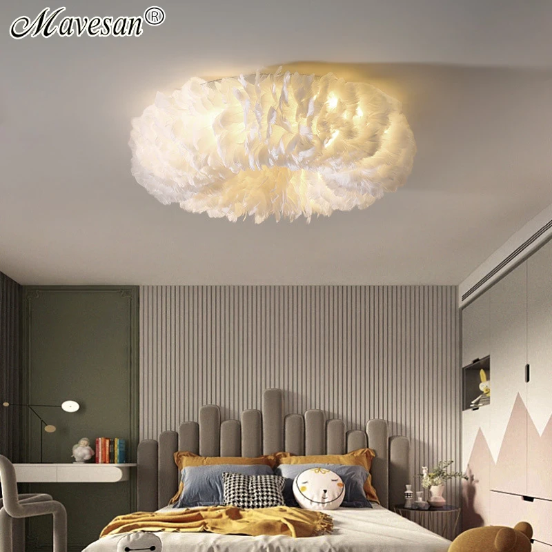 Nordic Creative Feather Ceiling Chandeliers Light Simple Modern Home Decor Living Room Pendant Light Bedroom Ring Hanging Lamp