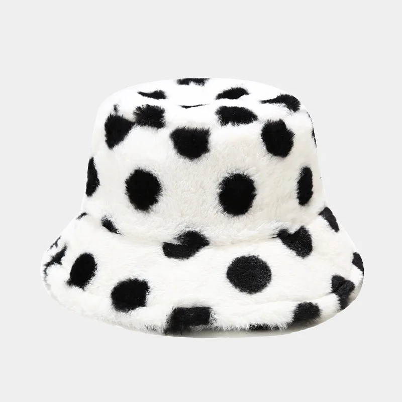 

Панама женская зимняя теплая с искусственным мехом, модная Панама с принтом в горошек, шапка Боб, Повседневная флисовая Кепка от солнца для ...