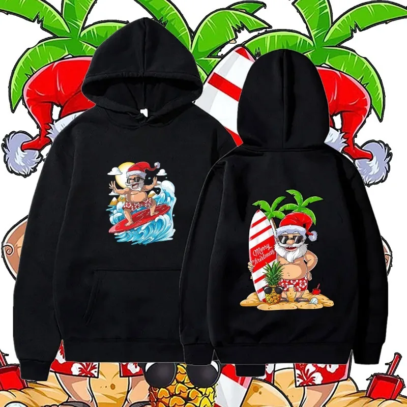 

Merry Christmas Humorous Hoodie Santa Claus Beach Surfing Printed Men and Women Cartoon Long Sleeve Autumn Warm Sportsshirt