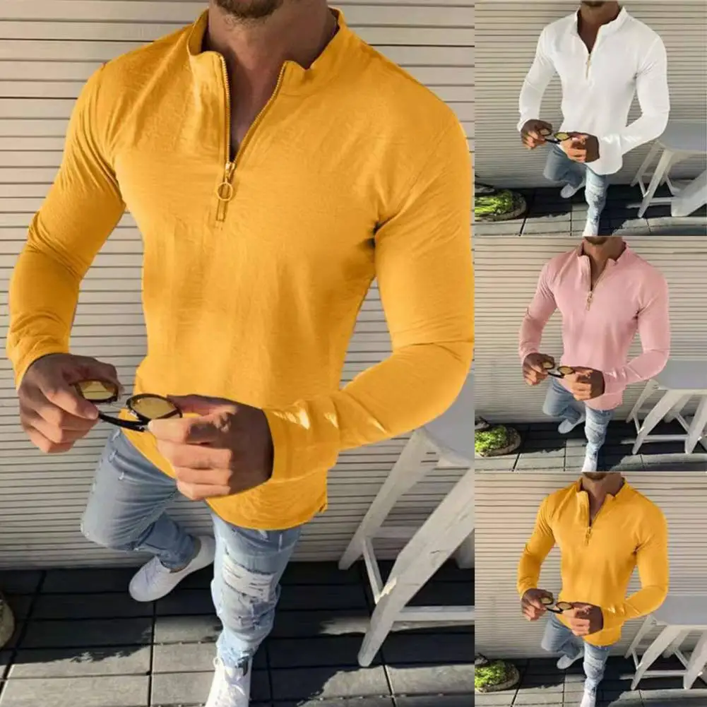 

Men Solid Slim Shirts Casual Long Sleeve Zipper Turndown Collar Top Pullover 2023 Spring Fashion Mens Shirt Streetwear