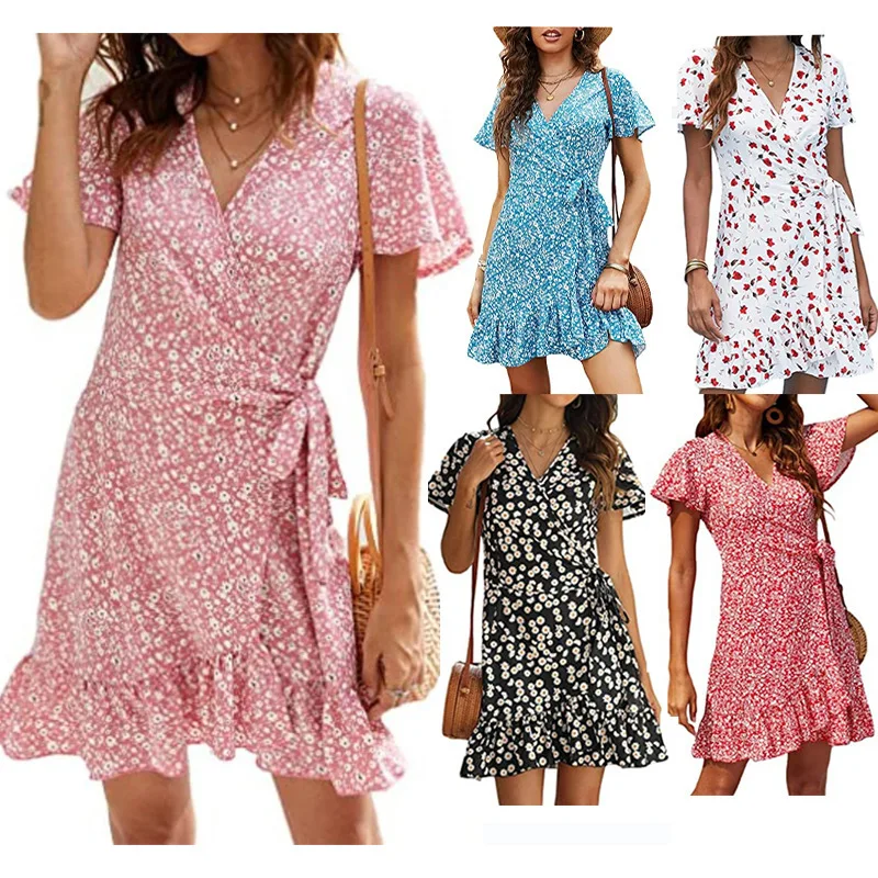

Sexy Ruffled Mini Dress 2022 New Floral Chiffon Short Sleeve Cute Style High Waist Fashion Deep V Neck Beach Women's Clothing