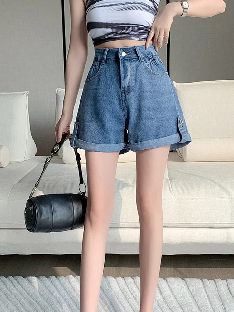 New Spring Summer Women Elastic Waist Loose Denim Shorts Streetwear Female Wide Leg Button Jeans Shorts Bottoms