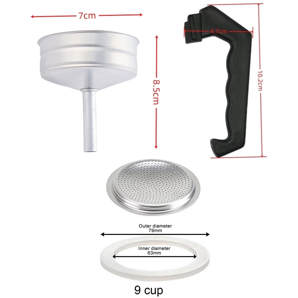 

1/3/6/9/12 чашек для кофе эспрессо, горшок для мока, резиновое кольцо, прокладка, воронка, фильтр для чашек, горшок для кофе эспрессо, детали