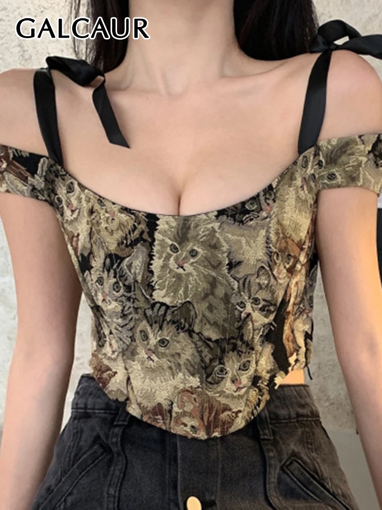 

GALCAUR Chinese Style Print Colorblock Tank Tops For Women Square Collar Sleeve Slim Vests Female Fashion Clothing Summer Style