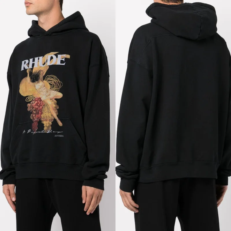 

American Vintage High Weight Black RHUDE Men's And Women's Hoodie Human Print Autumn/Winter Casual Loose Pullover