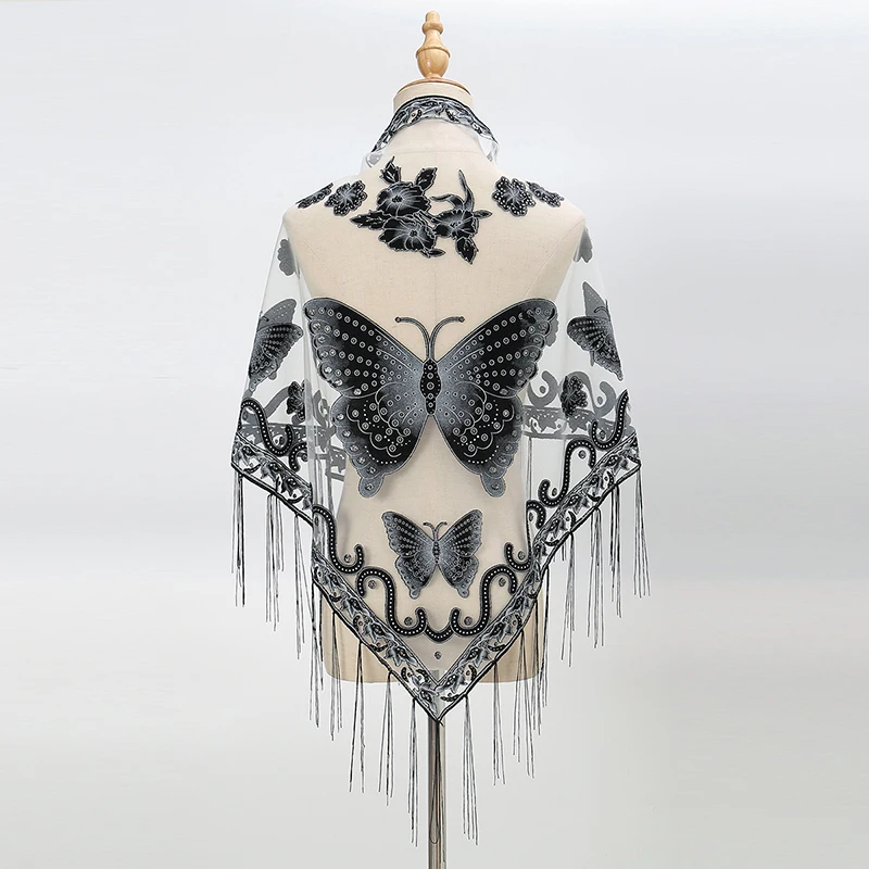 Элегантный треугольный шарф с вышитой бабочкой от LOVOSME. Модная вязаная шаль