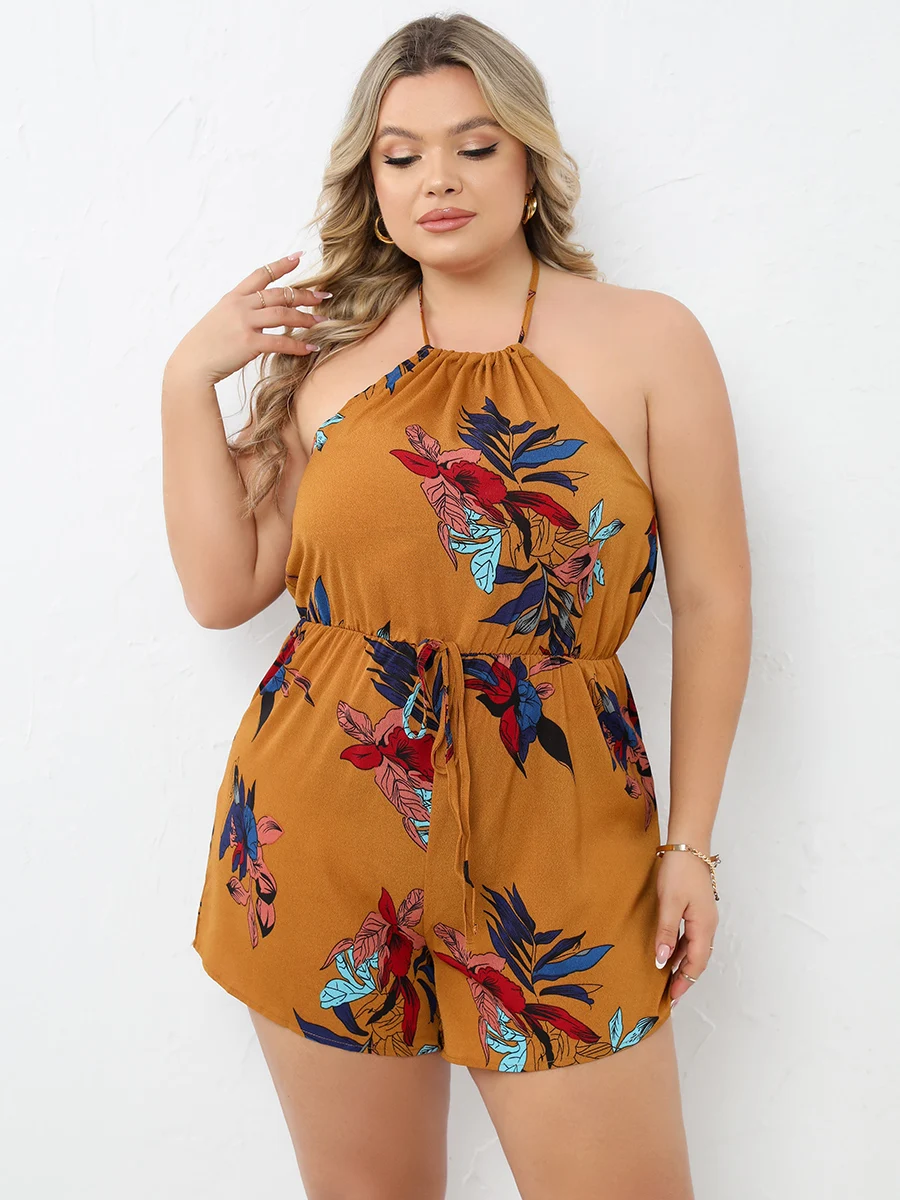 

Finjani Romper Floral Print Backless Belted Romper Halter Romper Summer Plus Size Women Clothing 2023