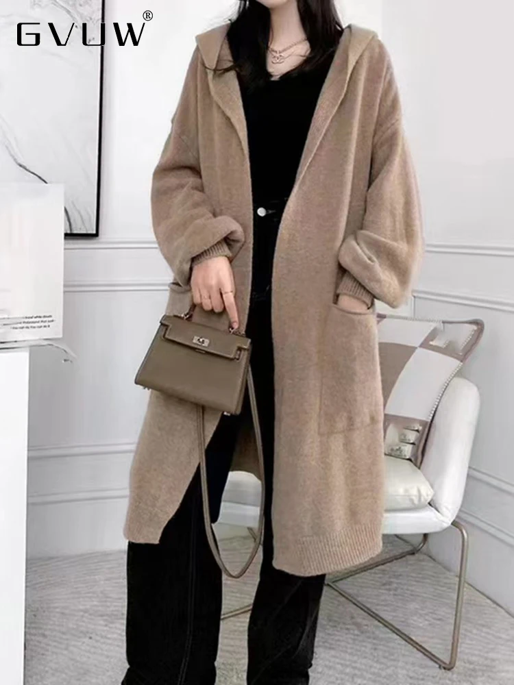 

GVUW 2023 Autumn New Mid Length Knitted Cardigan For Women Hooded Double Pockets Solid Color Loose Sweater Trench Female 17G2449