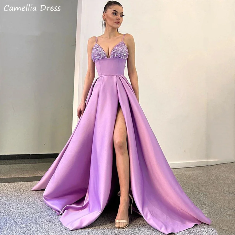 

Elegant Satin Sequin Evening Dresses Formal Spaghetti Strap Sexy V-Neck High Split Prom Party Gowns Robe De Soirée فستان سهرة