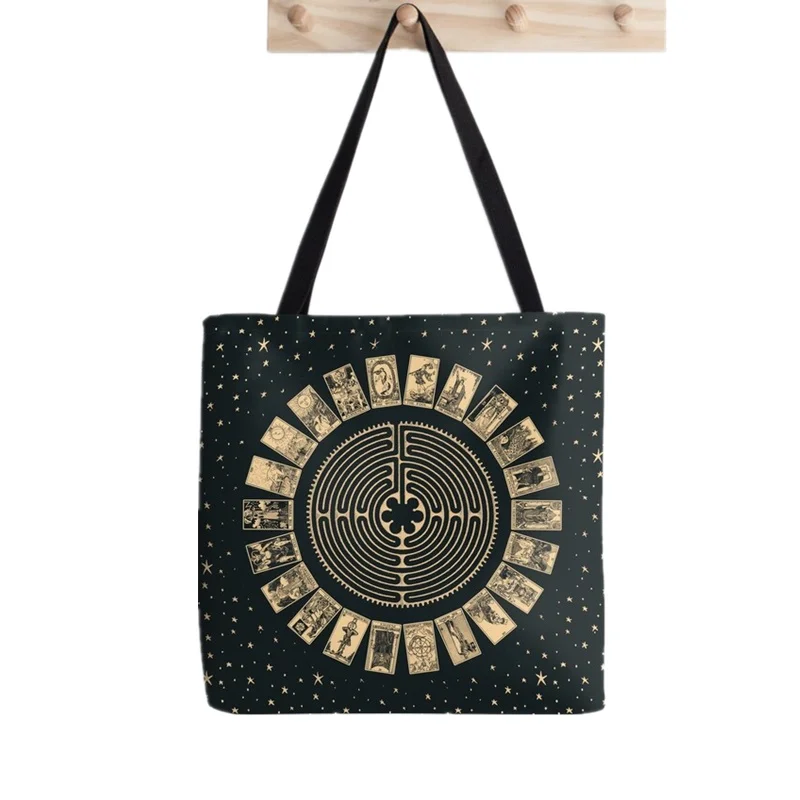 

Women Shopper bag Labyrinth and Tarot Wheel Kawaii Bag Harajuku Shopping Canvas Shopper Bag girl handbag Tote Shoulder Lady Bag