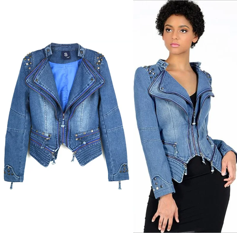 Punk Rivets Design Motorcycle Short Jacket Outerwear Female Long Sleeve Loose Streetwear Jeans Jackets Coat