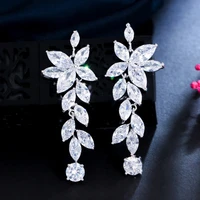 cwwzircons glittering flower leaf shaped long dangle wedding bridal cz earrings silver plated elegant pageant jewelry cz210