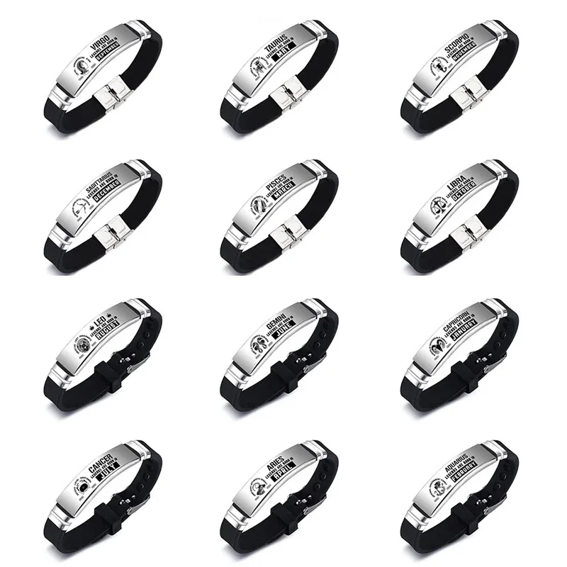 

Hot Sale New 2022 Fashion Zodiac Sign Bracelet Stainless Steel Laser Engraving Silicone Bracelet Adjustable Size
