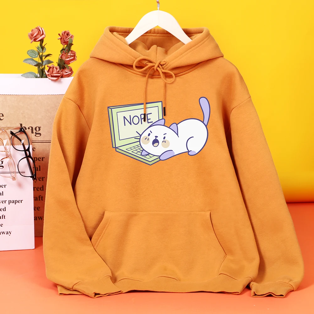 

Nope White Cat Breaks Computer Hooded Female Fashion Designer Hoodie Oversize Casual hoodies Harajuku Simplicity Clothes Woman