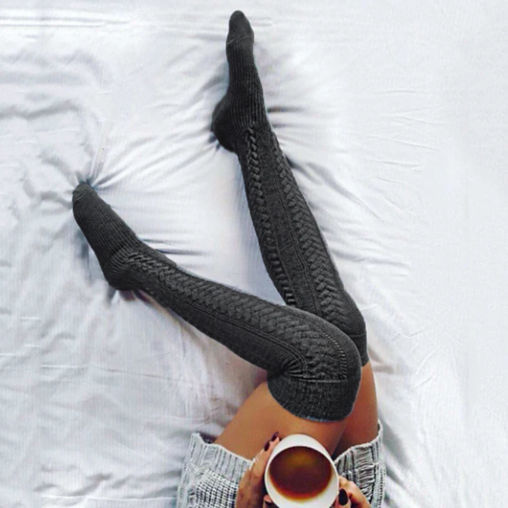 

Autumn Winter Women Knitted Braid Over Knee Socks Thigh Highs Twist Warm Boots Stockings Leggings