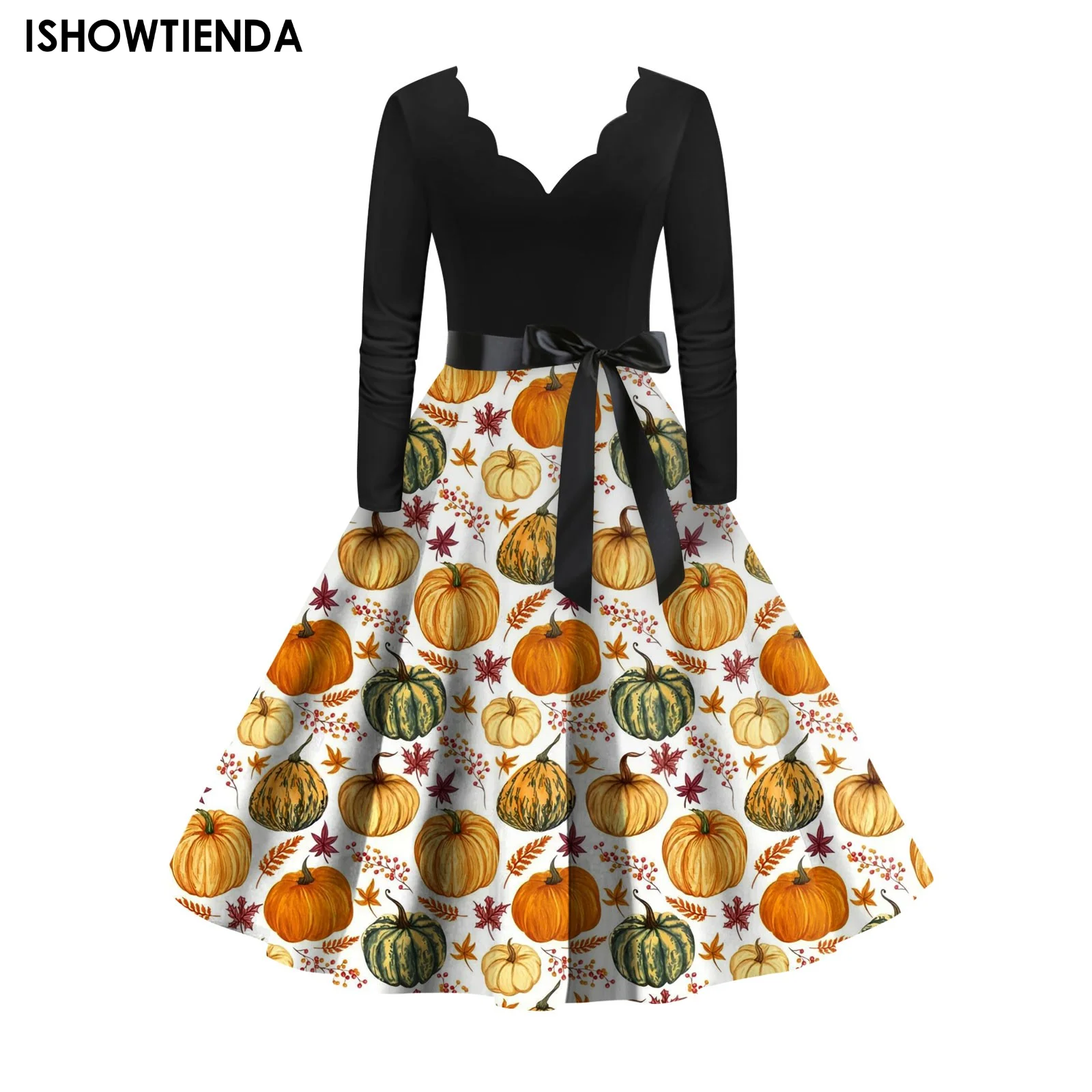 

Women's Halloween Dress Vintage Pumpkin Printed V-neck Long Sleeve Swing Dress Halloween Party Festival Sundress Swing Dress