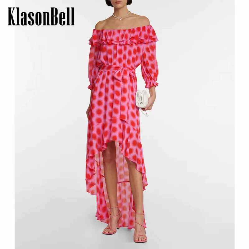 

7,11 KlasonBell темпераментное длинное платье с открытыми плечами и рюшами с принтом, женское платье с поясом
