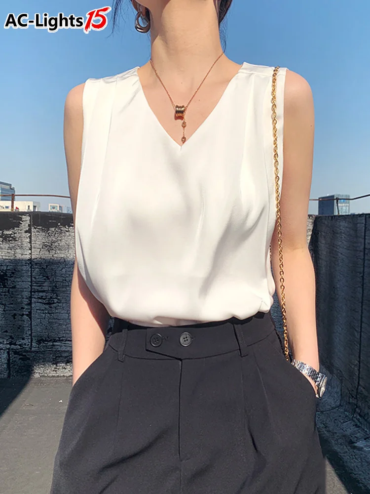 

Women Summer Silk Satin Blouse V Neck Blouse Sleeveless Office Elegant Tops Green Tunic White Shirt Beautiful Blouses for Women