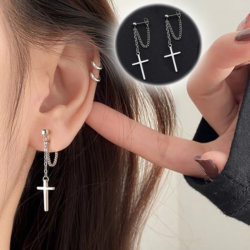 

1 Pair Korea Style Harajuku Punk Cool Egirl Girl Cross Chain Pendant Earrings For Women Men Bff Street Hip Hop Jewelry Gift